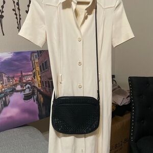 Woven leather black crossbody bag